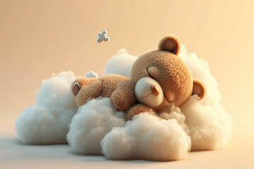cute cartoon little baby bear sleeps on a cloud - obrazy, fototapety, plakaty