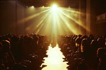 runway catwalk in the middle of the audience people. spotlight illuminated middle. empty runway.
