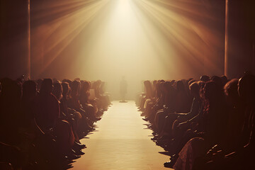 runway catwalk in the middle of the audience people. spotlight illuminated middle. empty runway. - obrazy, fototapety, plakaty