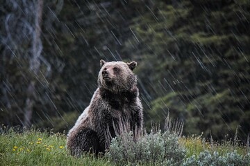 Wyoming Grizzly Bear in rain and hail.