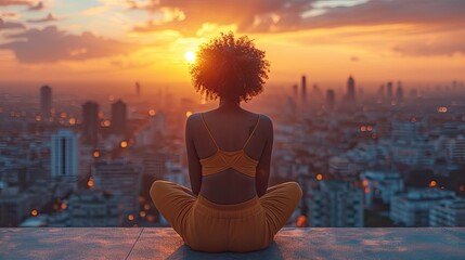 Sunset Reflections: Woman in Field Contemplating Mental Health Journey, Serenity, Personal Growth, Mindfulness, Healing, Sunset Over City, Self-discovery, Peaceful Contemplation, Nature Therapy, 