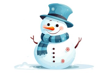 Cute cartoon snowman in hat and scarf, vector illustration.