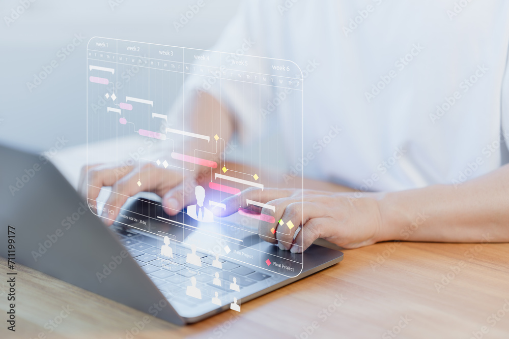 Fototapete Employee working with computer in business analytic and data management system to make report with KPI and metric connect to database. Corporate strategy for operations, planning, marketing and HR.