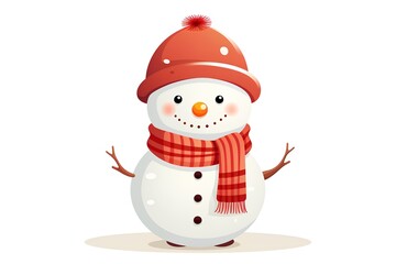Cute snowman in red hat, scarf and mittens. Vector illustration