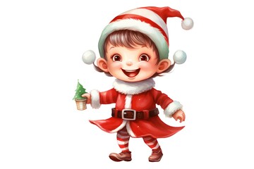 Cartoon smiling little boy in santa claus costume holding christmas tree.