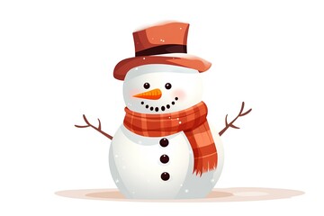 Cute snowman in red hat and scarf, vector illustration.