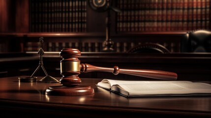 Obraz premium Judge gavel on the table, symbolizing court trial, justice and legal decisions in courtroom. generative AI