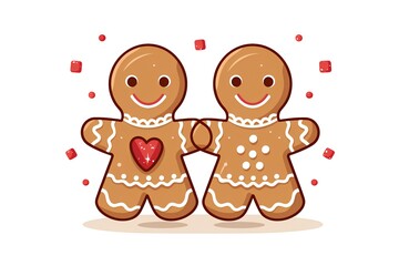 Cute couple of gingerbread men with hearts. Vector illustration.