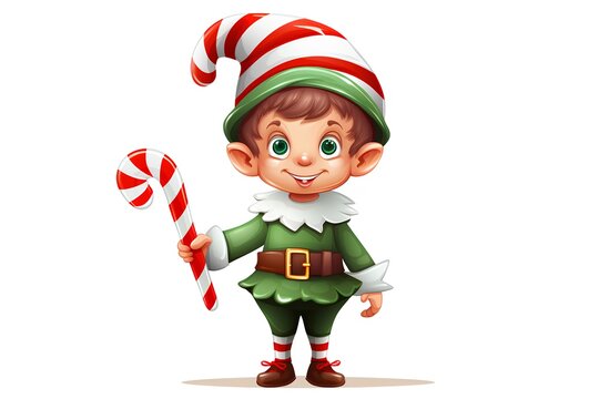 Cute cartoon elf with candy cane. Vector illustration isolated on white background.