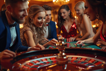 Group of rich people in evening gowns is playing roulette in the casino
