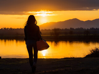 Silhouette behind a woman, she is lonely, standing and watching the setting sun. Along the mountains along the banks of a beautiful river.