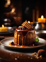 Michelin starred sticky toffee pudding dessert in premium restaurant, cinematic food photography 