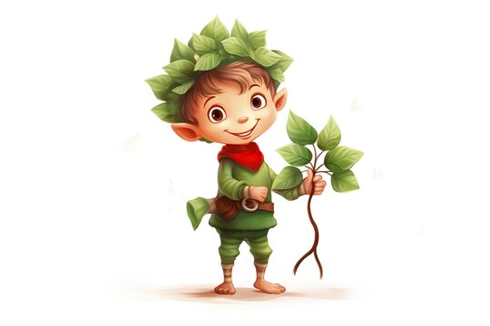Cute little boy in green costume with plant. Vector illustration.