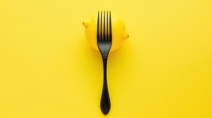 Lemon and black fork on isolated pastel yellow background Copy space, generative AI