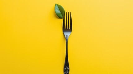 Lemon and black fork on isolated pastel yellow background Copy space, generative AI