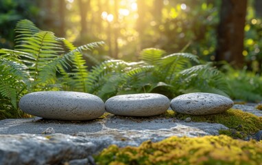 A cluster of stones, each the size of a palm, arranged together. In the forest and ferns. There is morning light.