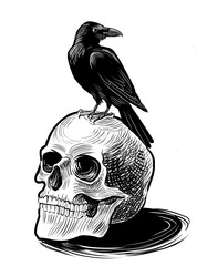 Crow bird sitting on a skull. Retro styled hand-drawn black and white illustration