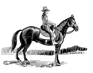Cowboy riding a horse. Retro styled hand-drawn black and white illustration