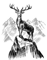 Deer animal on the mountain peak. Retro styled hand-drawn black and white illustration