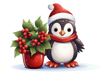 Christmas penguin with holly berry. Cartoon vector illustration.