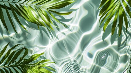 Spa concept with a palm leaf in wavy water. Abstract, transparent tropical water texture surface with palm leaves. top view, beauty backdrop, mockup, spa and wellness, copy space