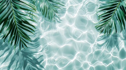 Spa concept with a palm leaf in wavy water. Abstract, transparent tropical water texture surface with palm leaves. top view, beauty backdrop, mockup, spa and wellness, copy space