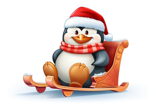 Cute penguin in a Santa Claus hat on a wooden sled. Vector illustration.