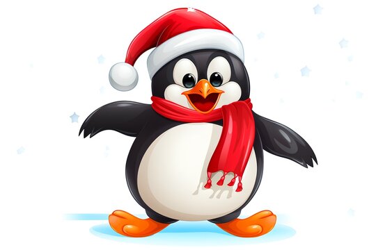 Penguin in Santa Claus hat and scarf isolated on white background