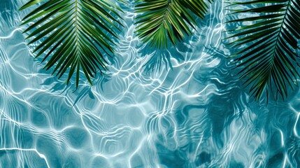 Fototapeta na wymiar Spa concept with a palm leaf in wavy water. Abstract, transparent tropical water texture surface with palm leaves. top view, beauty backdrop, mockup, spa and wellness, copy space
