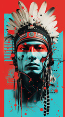 Modernist cutout collage of proud Native American Indian clan leader; digital art composition. Concept artwork for graphic design poster with abstract red and cyan geometric shapes. Ethnic portrait