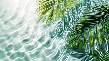 Fototapeta na wymiar Spa concept with a palm leaf in wavy water. Abstract, transparent tropical water texture surface with palm leaves. top view, beauty backdrop, mockup, spa and wellness, copy space