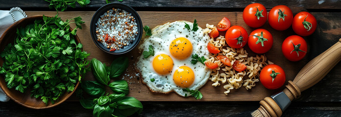 Panoramic banner with fresh vegetables and eggs on table. Healthy cooking concept with tomatoes, herbs and seasonings. Top view of Indoor Kitchen; cropped scene for advertising and website header