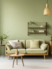 modern living room with modern furniture, in the style of light green and dark gray, nature morte, 20th century scandinavian style, vintage-inspired 