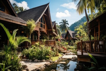 Thai style luxury resort, Asian architecture style luxury hotel with swimming pool, luxury pool villa in Bali - obrazy, fototapety, plakaty