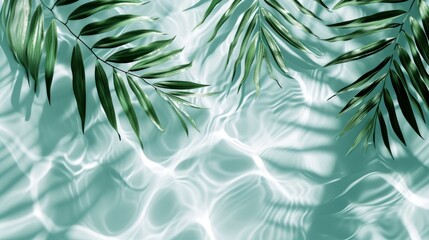 Spa concept with a palm leaf in wavy water. Abstract, transparent tropical water texture surface...
