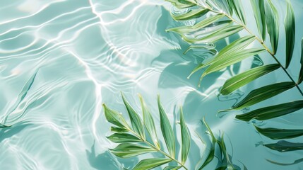 Spa concept with a palm leaf in wavy water. Abstract, transparent tropical water texture surface with palm leaves. top view, beauty backdrop, mockup, spa and wellness, copy space