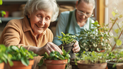 Happy senior woman doing indoor gardening with her friend. Elderly people with activity and hobby after retirement. - obrazy, fototapety, plakaty