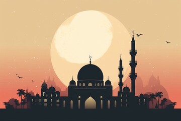 Greeting card depicting a mosque and crescent moon shrouded in smoke. Generative AI - obrazy, fototapety, plakaty