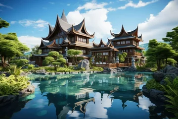 Fotobehang Thai architecture style resort, Asian architecture style luxury hotel with swimming pool, luxury pool house in Bali, luxury house on the river bank © shuping zhao