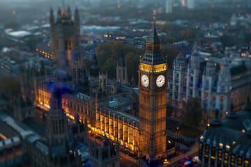 London UK skyline aerial view of Big Ben clock on a beautiful clear day at sunset 

