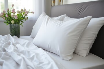 Fototapeta na wymiar White non-patterned pillows and bedding, bedding advertising, home textile promotion advertising, bed with pillows, hotel bed