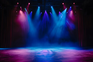 Stage light background with blue and purple spotlight illuminated the stage with smoke. Empty stage for show with backdrop decoration. - obrazy, fototapety, plakaty