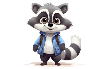 Vector illustration of Cute cartoon raccoon with backpack on white background