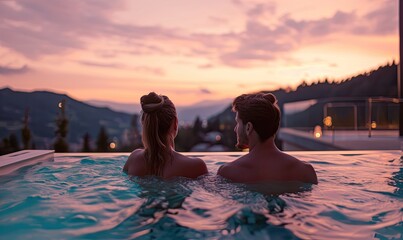 Romantic Jacuzzi Retreat: Couple, Luxury, Wellness, Resort, Mountains, Sunset, Relaxation, Intimacy, Serene Escape
 - obrazy, fototapety, plakaty