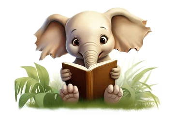 Papier Peint photo Éléphant 3d rendered illustration of elephant cartoon character reading book with grass background