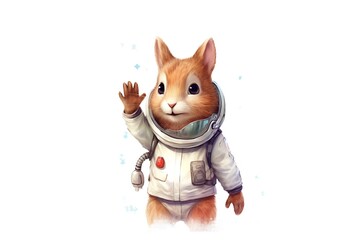 Cute cartoon rabbit astronaut in spacesuit. Digital watercolor illustration.