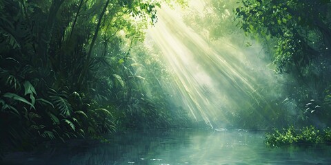 Obraz premium Enchanted woodlands. Serene capture of forest bathed in gentle morning sunlight reflecting in tranquil river ideal nature landscape and scenic collections