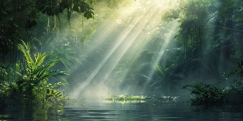 Enchanted woodlands. Serene capture of forest bathed in gentle morning sunlight reflecting in tranquil river ideal nature landscape and scenic collections