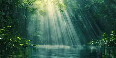 Crédence de cuisine en verre imprimé Réflexion Enchanted woodlands. Serene capture of forest bathed in gentle morning sunlight reflecting in tranquil river ideal nature landscape and scenic collections