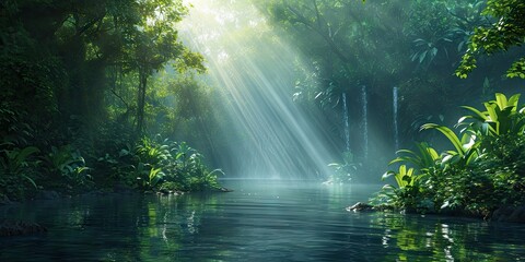 Obraz premium Enchanted woodlands. Serene capture of forest bathed in gentle morning sunlight reflecting in tranquil river ideal nature landscape and scenic collections